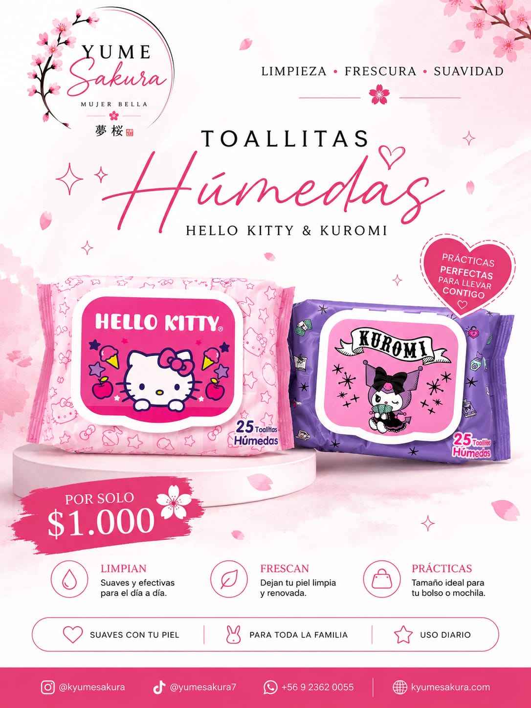 toallitas para limpiarse las manos Hello Kitty y Kuromi